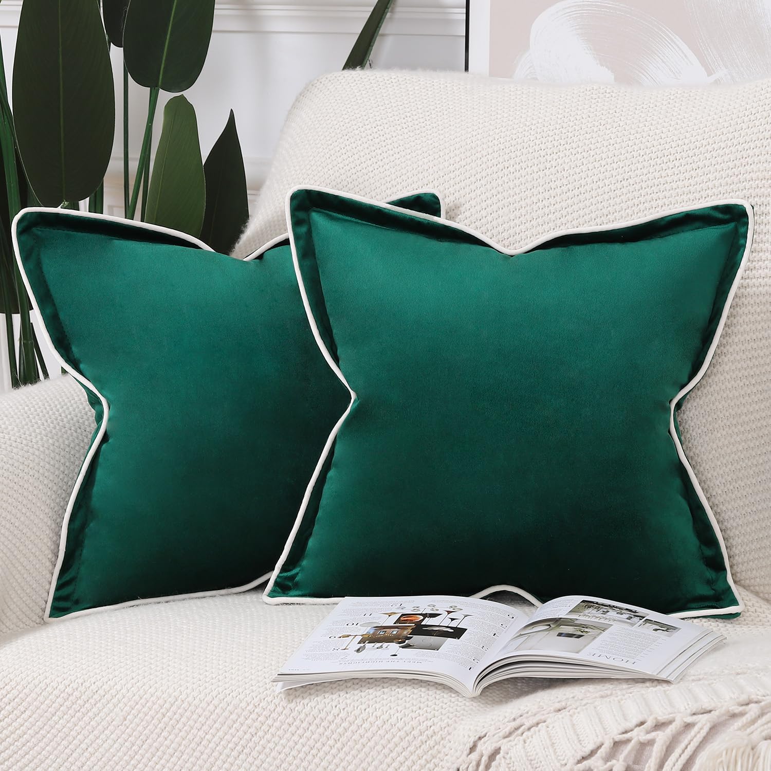 Madizz Set of 2 Velvet Fringed Throw Pillow Covers 16x16 inch, 40x40 cm, Green Soft Decorative Cushion Cover for Sofa Bedroom Pillow Shell