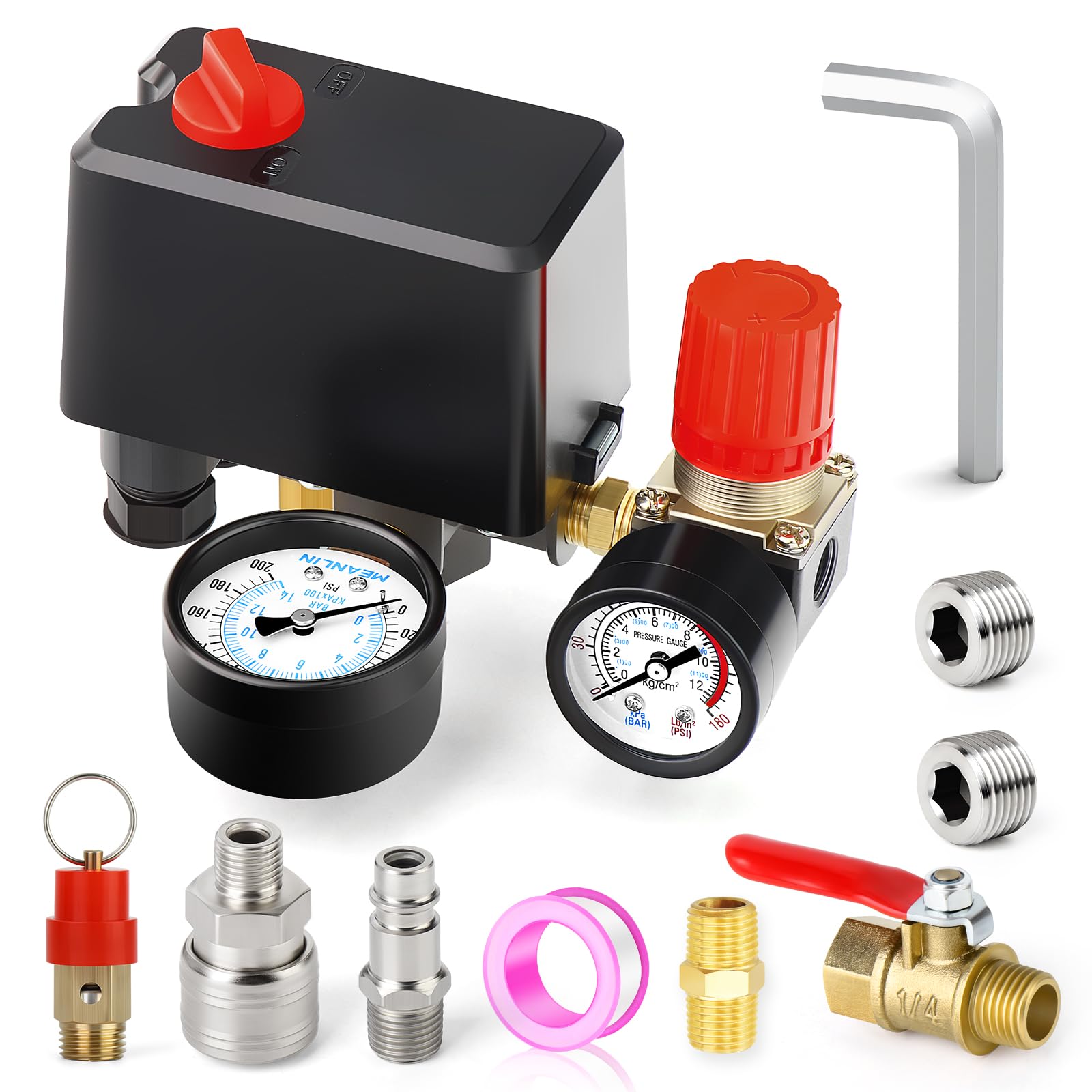 Photo 1 of ****MISSING PART***

MEANLIN MEASURE Air Compressor Pressure Switch Control Valve 120-150 PSI 110V-240V 4-way Replacement Parts With 0-200 Psi Air Compressor Regulator and Safety Pressure Relief Valve