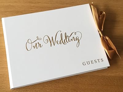 ukgiftstoreonline White Wedding Guest Book with Gold Ribbon