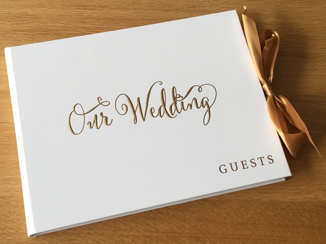 ukgiftstoreonline White Wedding Guest Book Gift With Gold Ribbon