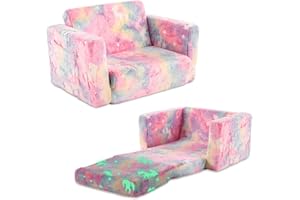 Karl home Comfy 2-in-1 Toddler Chair and Couch, Convertible Plush Fold Out Sofa to Lounger for Kids, Flip Open Sleeper for Playroom, Glowing Pink Unicorn