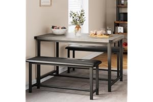 IDEALHOUSE Dining Table Set for 4, Kitchen Table with Benches, Rectangular Dining Room Table Set with 2 Upholstered Benches, 3 Piece Dining Table Set for Small Space, Apartment, Studio, Retro Gray