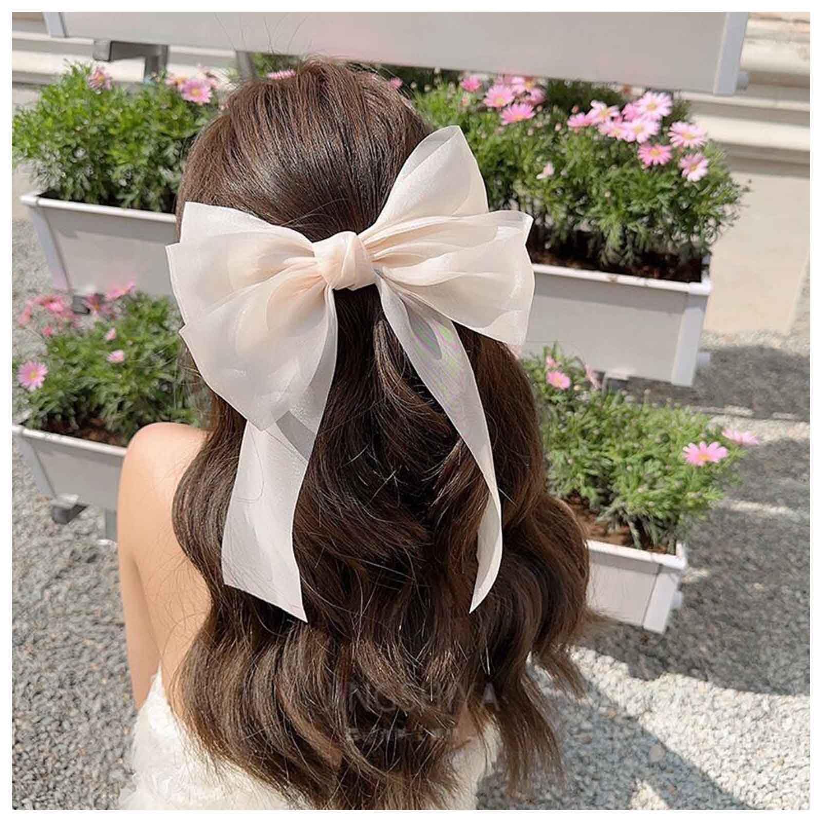 Xduargs Vintage Silky Bow Hair Clips Long Silk Satin Bow Hairclips Barrettes French Chiffon Hair Clip Barrette Large Silky Bow Hair Clips Long Silk Ribbon Bow Hair Clips Headpiece for Women(Champagne)