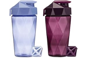 Keelo Bottle Classic 20oz Blender Shaker Bottle | Protein Shaker Bottle with Diamond Agitator | Shaker Cup with Carrying Handle and Dishwasher Safe | 2-Pack - Light Blue & Plum