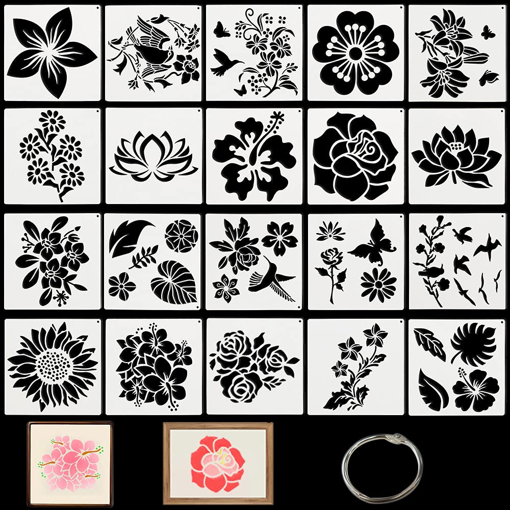 Haohai 20 Pcs Large Size (20 x20cm) Butterfly Flower Bird Leaf Painting Stencils, Reusable Butterfly Drawing Templates, Plastic Painting Stencil for Door Wall Painting Home Decoration, WHITE
