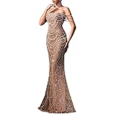 VOUIAO Women's Champagne Dress Beaded Overlay Strapless Bodycon Evening Gown Ideal for Weddings Proms Parties All Occasions