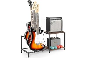 Bikoney Guitar Stand for 3 Electric Bass Guitars with Amp Stand - Heavy Duty Adjustable Guitar Rack Holder for Multiple Guitars & Accessories - Display & Storage Solution for Music Studio Home
