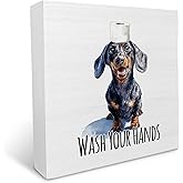 KU-DaYi Funny Dog Dachshund Bathroom Wooden Box Sign, Wash Your Hands Sign Bathroom Decor, Dachshund Desk Accessories for Dog Lovers Wooden Block Plaque Desk Shelf Decor Accents 5x5 Inch