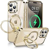 WHWEIYA [CD Metal Ring & Invisible 360° Spin Stand] Magnetic Case for iPhone 15 Pro Max [Electroplated Shockproof Bumper ] [Compatible with Mag Safe] Cover with Stand for Women Men Slim Clear - Gold