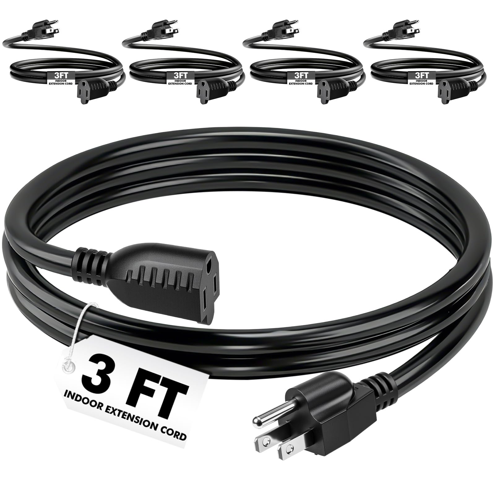 Photo 1 of Kanayu 5 Pcs 3 ft Black 3 Prong Extension Cords, [UL Listed] 13a 125v 1625w, Indoor Outlet Extender Male and Female Power Cables, Flexible for Indoor, Office, Garden, Landscaping & Holiday Decorations