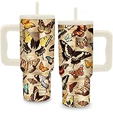 Butterfly Gifts for Women 24 oz Tumbler with Handle and Straw, Stainless Steel Insulated Tumbler, Leakproof, Vintage Butterflies Coffee Mug Travel Insulated Cup - Butterfly Lovers Birthday Gifts Cup