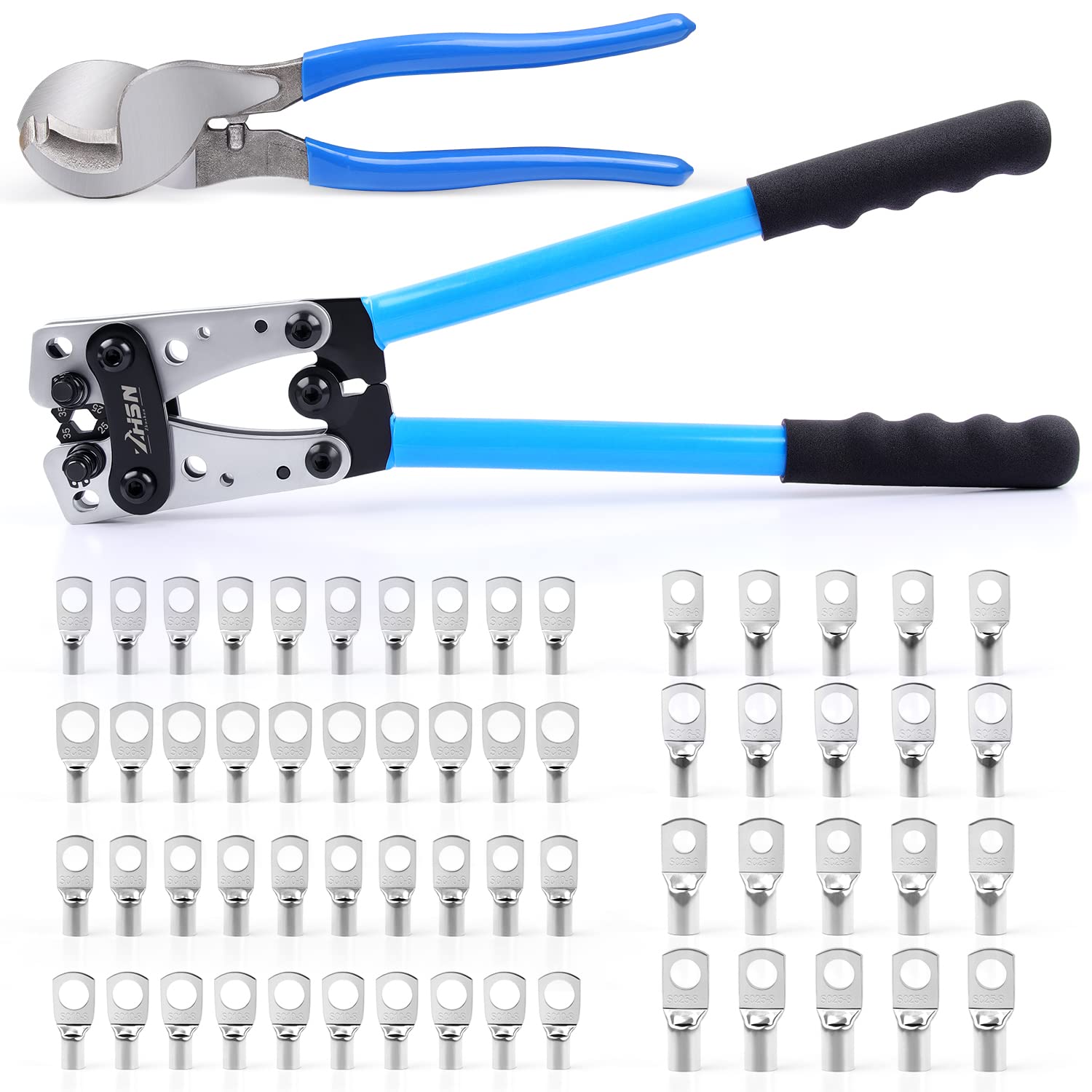 Photo 1 of Zhushan Battery Wire Crimper Kit, Battery Cable Lug Crimping Tool 10-1/0 AWG with Cable Cutter and 60Pcs Copper Ring Terminals Set, Heavy Duty Wire Crimper for Battery Terminal