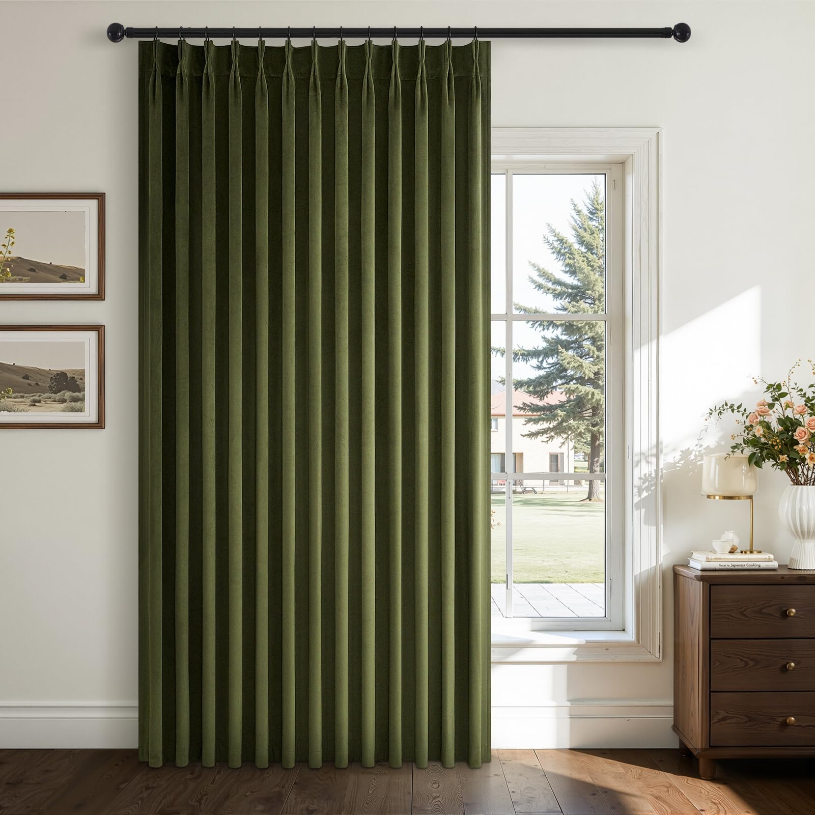 Photo 1 of Drapenova Dark Greem Velvet Curtains 108 Inches Long for Living Room Large Window,Vintage Elegant Pleated Room Darking Blackout Curtain Drapes with Hooks Heavy Tall Floor Length 1 Panel,Hunter Green