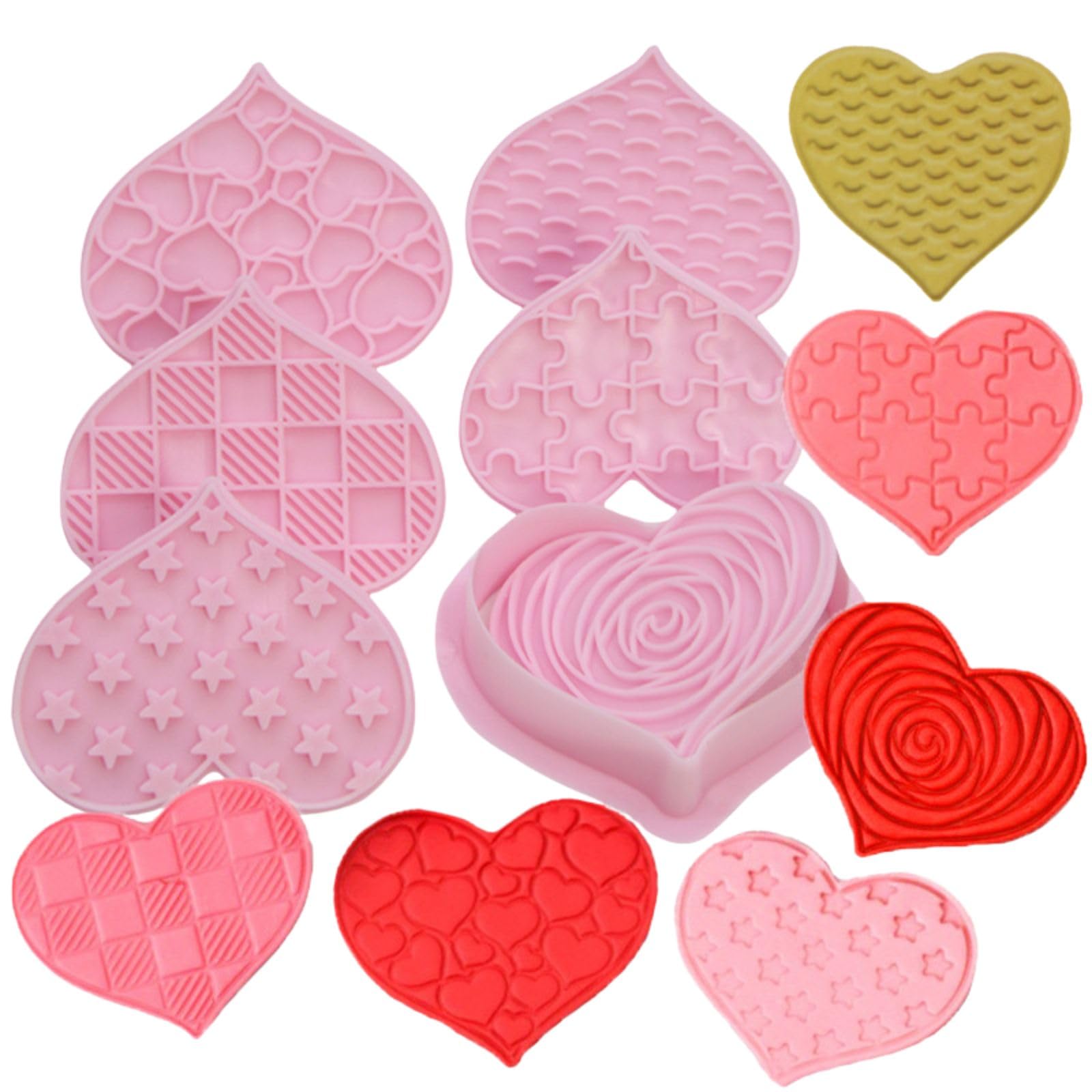 PTaizjjz Valentines Cookie Cutter,6 PCS Plastic Heart Cookie Cutters and Stamps,Valentines Heart Shaped Biscuit Cutter Set.