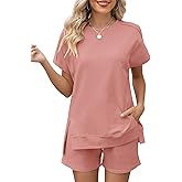 LOMON Womens Fashion 2 Piece Outfits Sweatsuits 2026 Summer Short Sleeve Loungewear Tracksuit Round Neck Lounge Shorts Sets