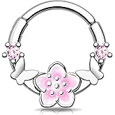 Melighting 16G Flower Septum Ring,Rose Daith Piercing Jewelry, Stainless Steel 316L Septum Clicker Clear CZ Opal Cartilage Lobe Earring For Women 8/10 mm