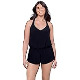 Aqua Green Womens V-Neck Full Coverage Racerback Swim Romper with Pockets