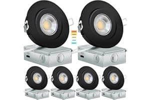 KnLnny Ware Black Gimbal recessed Lights 4 Inch 6 Pack, Gimbal canless recessed Lights with Junction Box,9W 750LM,Dimmable,5C