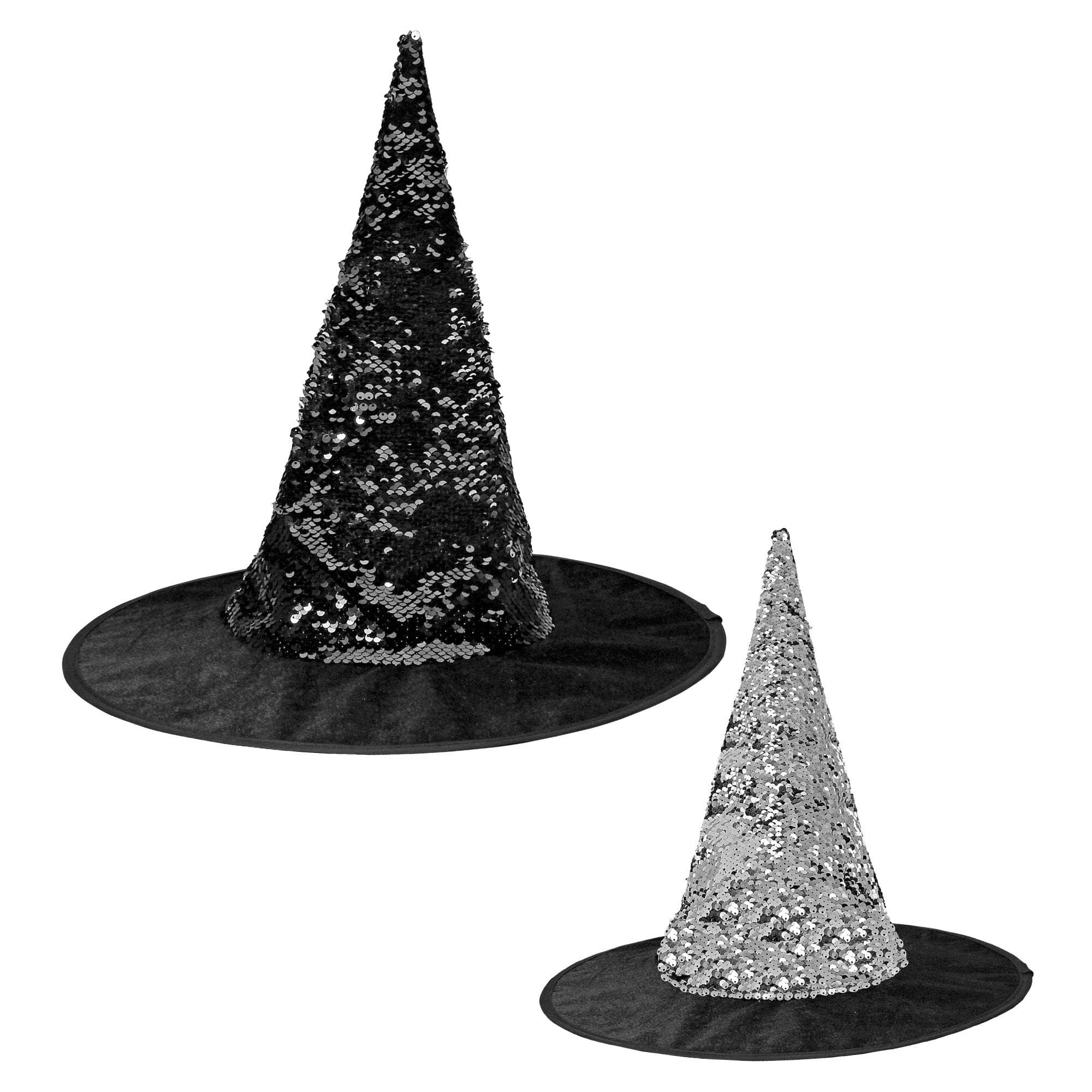 WIDMANN 00260 - Reversible Sequin Witch Hat, Adult Woman, Halloween, Carnival, Theme Parties, One Size, Black-Silver Color