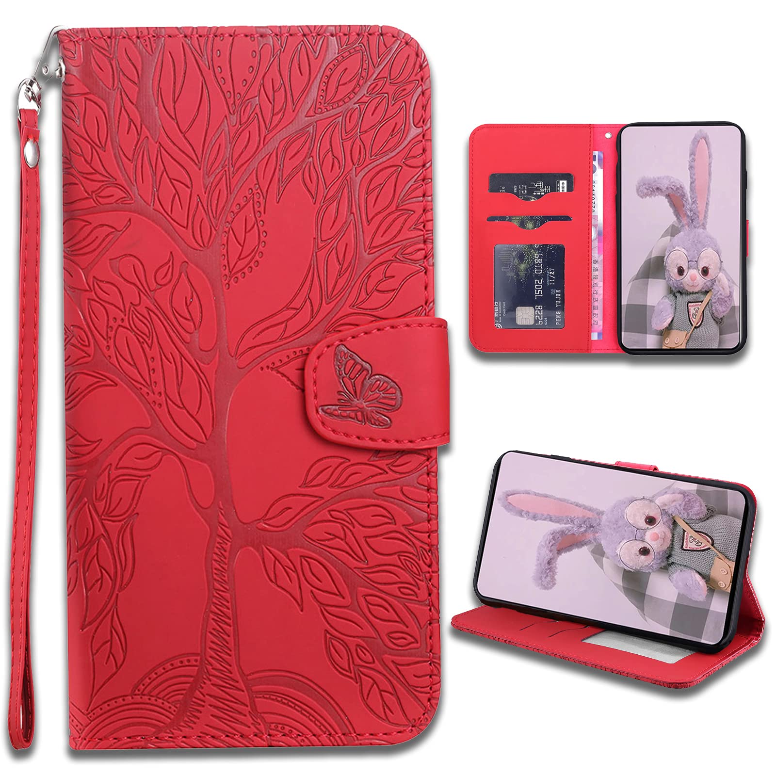 LEINUO Phone Case for Samsung Galaxy A21s PU Leather Flip Case Wallet Protector[Full Protection][Card Slots][Kickstand][Lanyard ],Embossed Tree of Life,Red