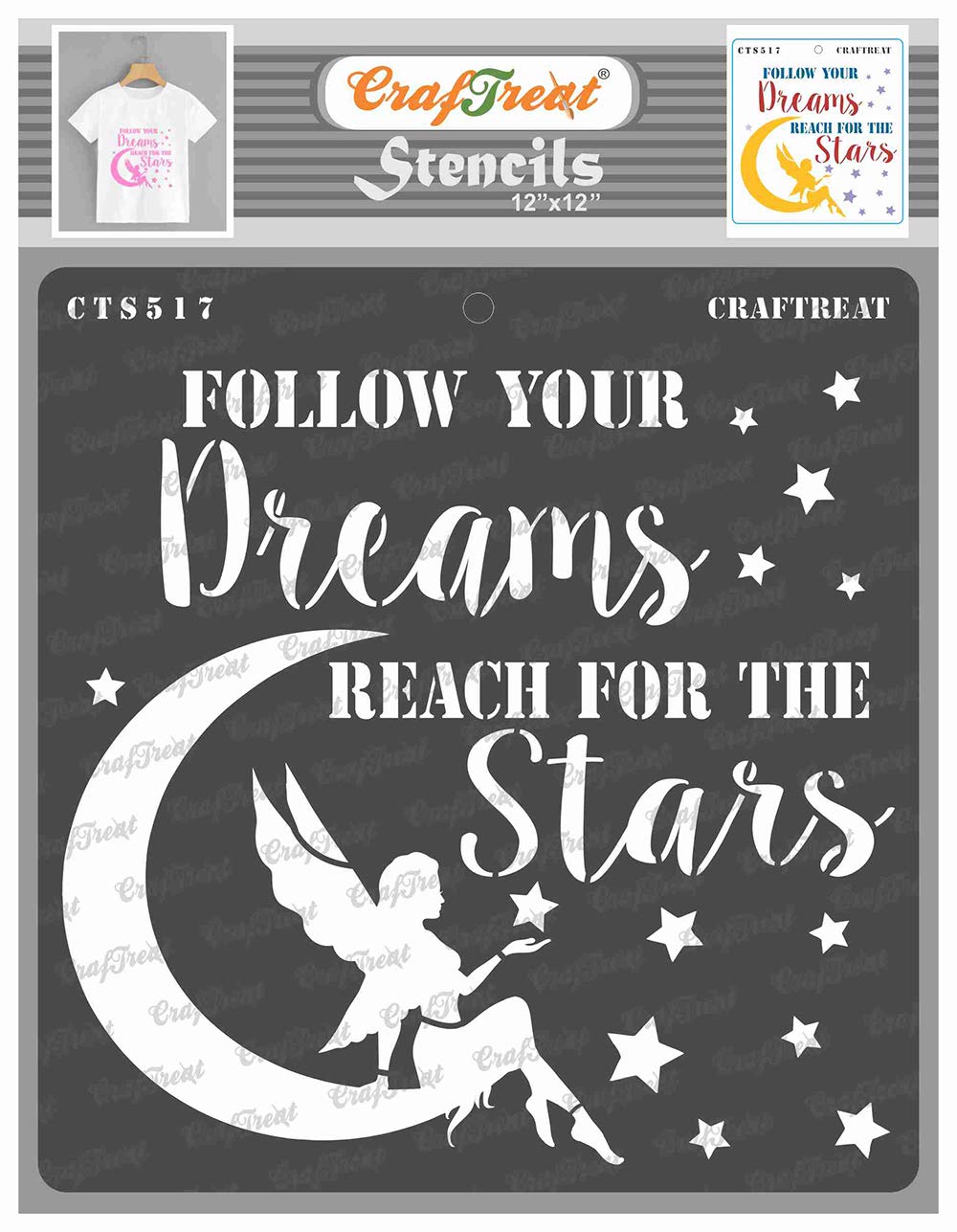 CrafTreat Reusable Quotes Stencils for Painting on Wood, Floor, Furniture, Wall and Tile - Reach for The Stars - 12x12 Inches - Angel Stencils for Painting Words - Moon and Star Stencils with Sayings