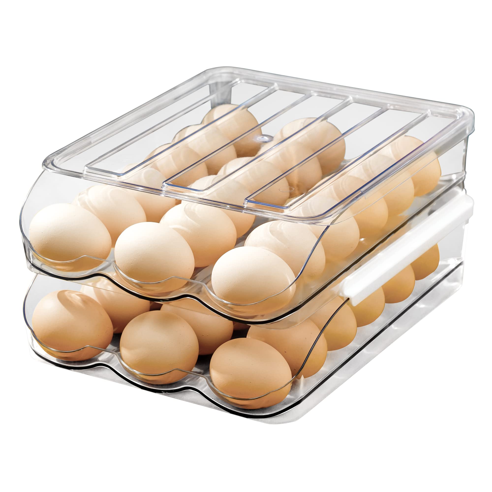 memeyou Large Capacity Egg Holder For Refrigerator Auto Rolling Egg Container Organizer Tray Bins Stackable Fresh Storage Box For Fridge Plastic Clear(2 Layers)