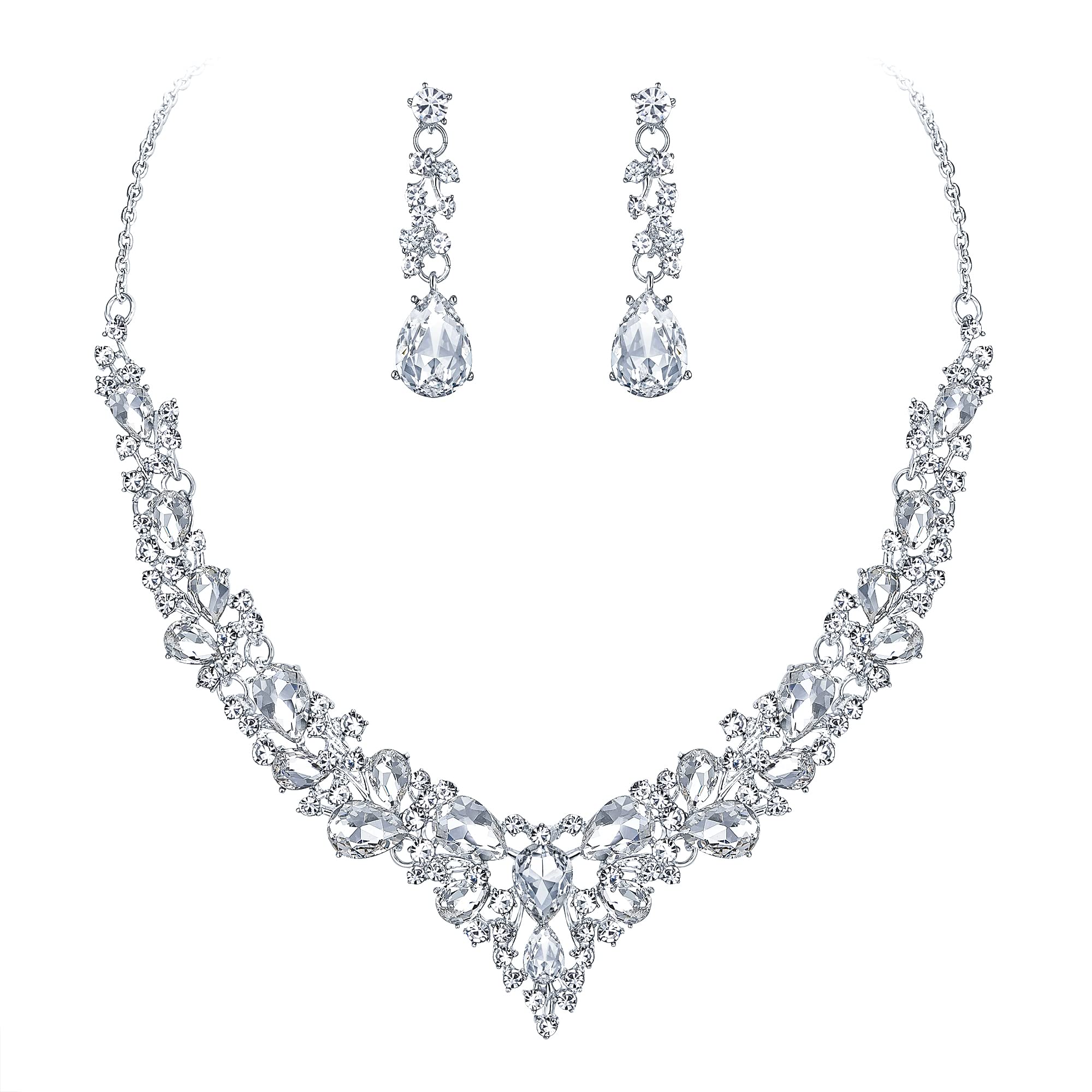 Ever Faith Wedding Bridal Crystal Sparkly Rhinestone Teardrop Cluster Statement Necklace Dangle Earrings Jewellery Set for Women Clear Silver-Tone