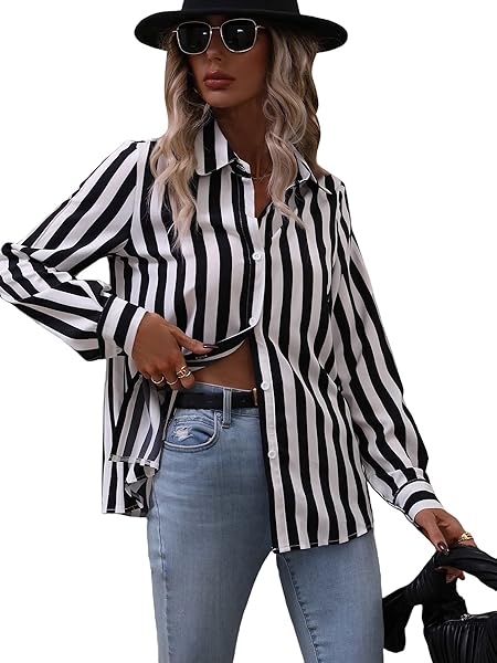 thumbnail image 2 of MakeMeChic Women's Vertical Striped Button Down Shirt Long Sleeve 2 of 10