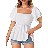 LYANER Women's Square Neck Smocked Peplum Top Ruffle Short Sleeve Babydoll Shirred Blouse