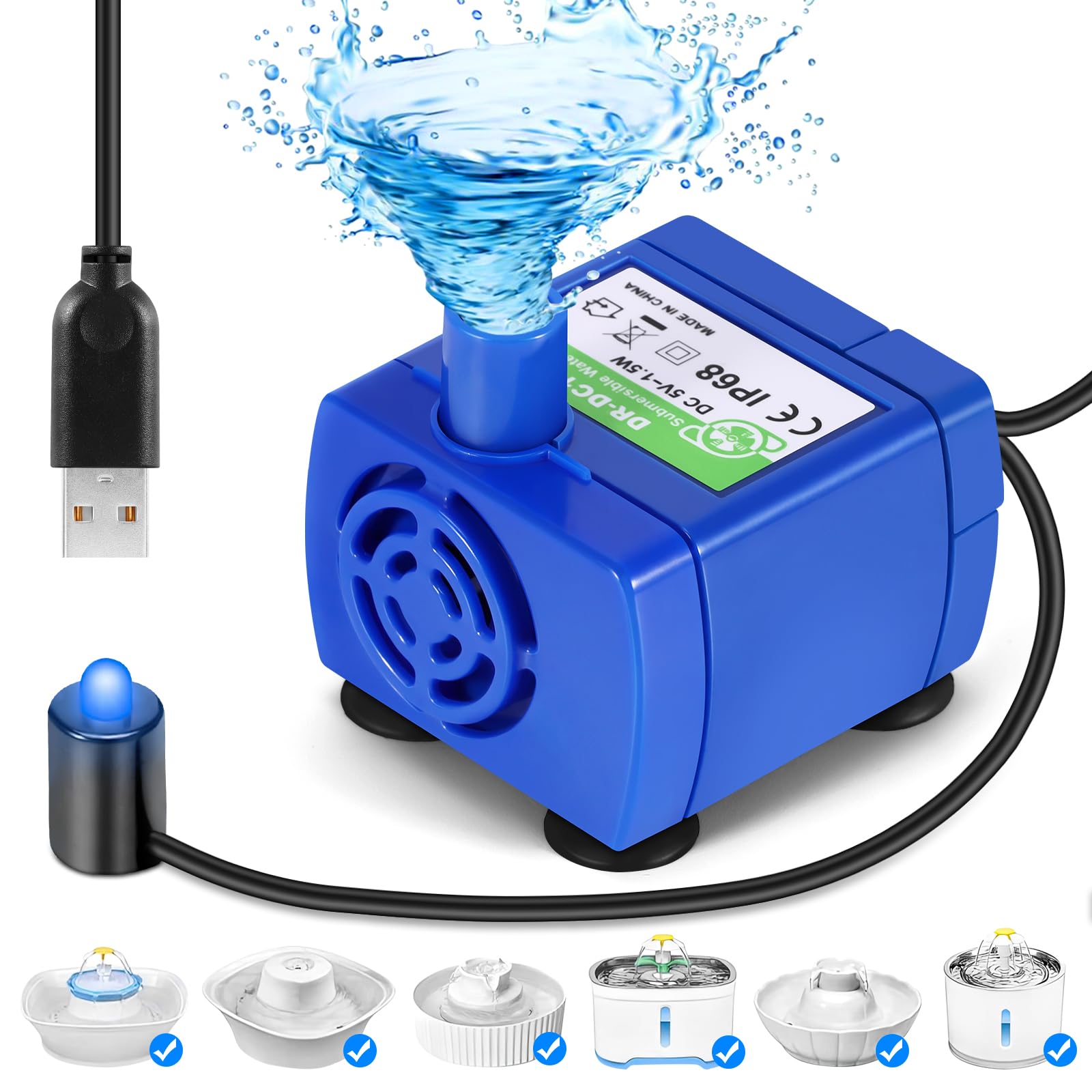 Cat Water Fountain, Ultra Quiet Fountain Cat Bowl with Water Level Window & LED Light, Automatic Pet Drinking Fountain with 1 Carbon Filter (Replacement Pump, 2.4 L)