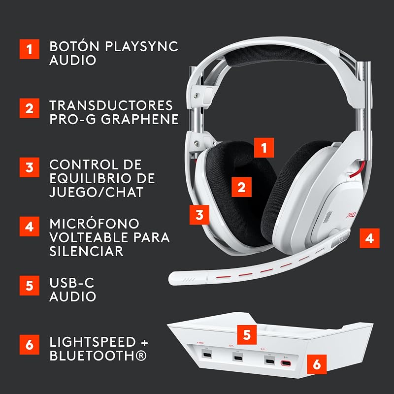 Logitech g astro a50 lightspeed gaming headset wireless + estação base (gen 5), pro-g graphene, alternar entre 3 sistemas, usb-c para xbox, ps5, pc/mac ou nintendo switch, bluetooth - preto
