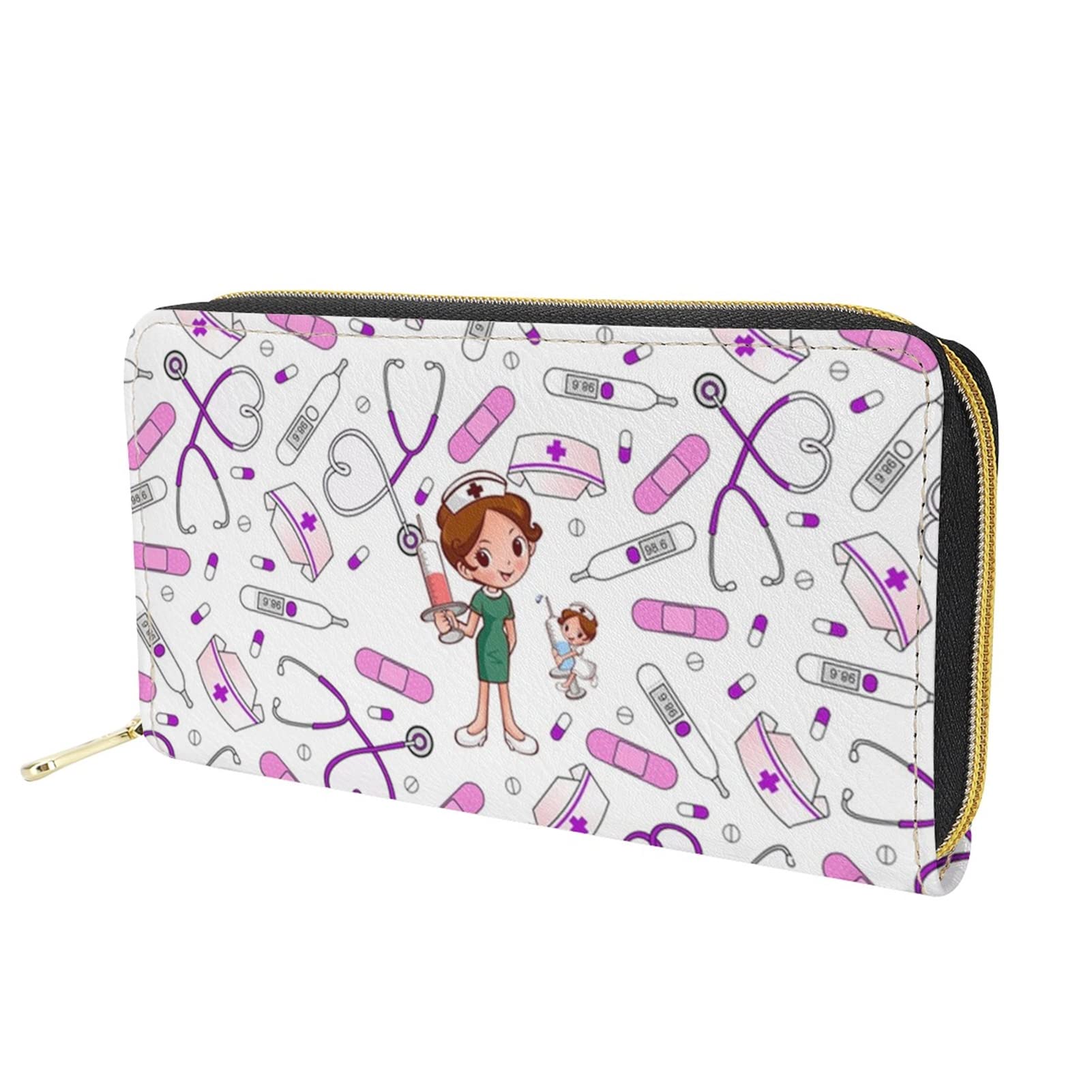 Dolyues Cute Cartoon Nurse Print Women Long Wallet Purse Pu Leather Credit Card Holder with Coin Pocket Christmas Gift