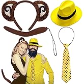 Croloose 4 Pcs Halloween Couple Costume Set - Adult Monkey Costume with Yellow Hat, Black Polka Dots Tie