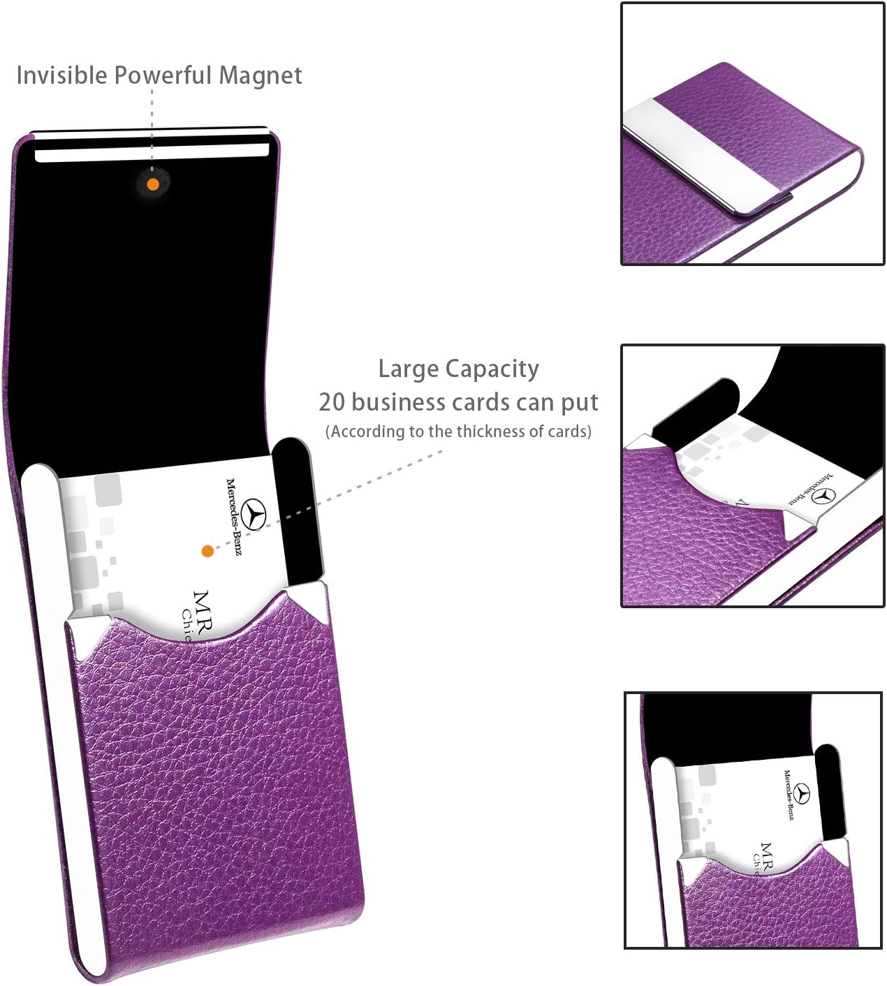 Padike PU Leather Business Card Holder for Women Slim Pocket Business Name Card Holder Stainless Steel Business Card Case with Magnetic Shut (Purple) : Office Products