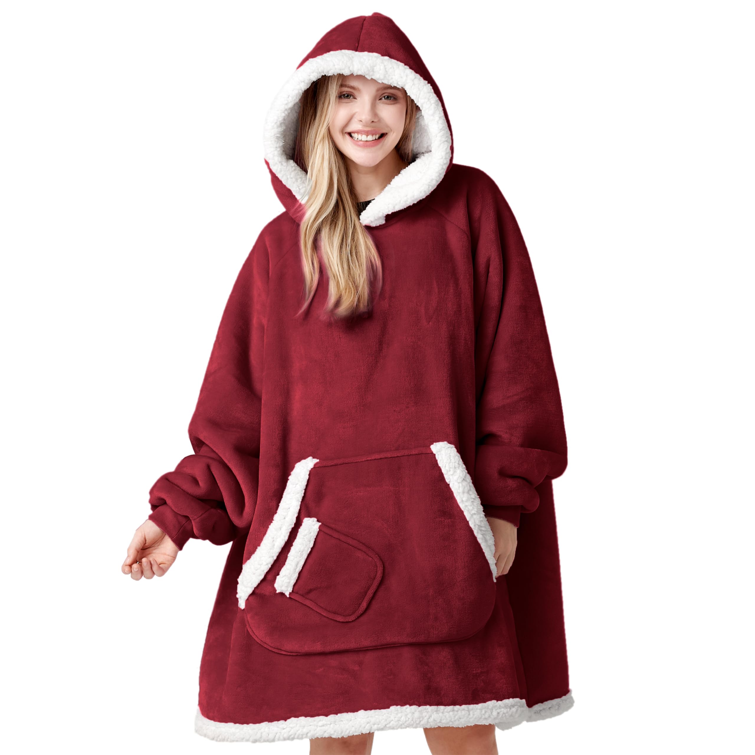 Giggling Getup Wearable Blanket Hoodie for Women Men Gifts for Women Mom Wife Sherpa Fleece Hooded Blanket Sweatshirt Warm Cozy Sherpa Wearable Throw with Pocket & Sleeves for Adult Standard Burgundy Image