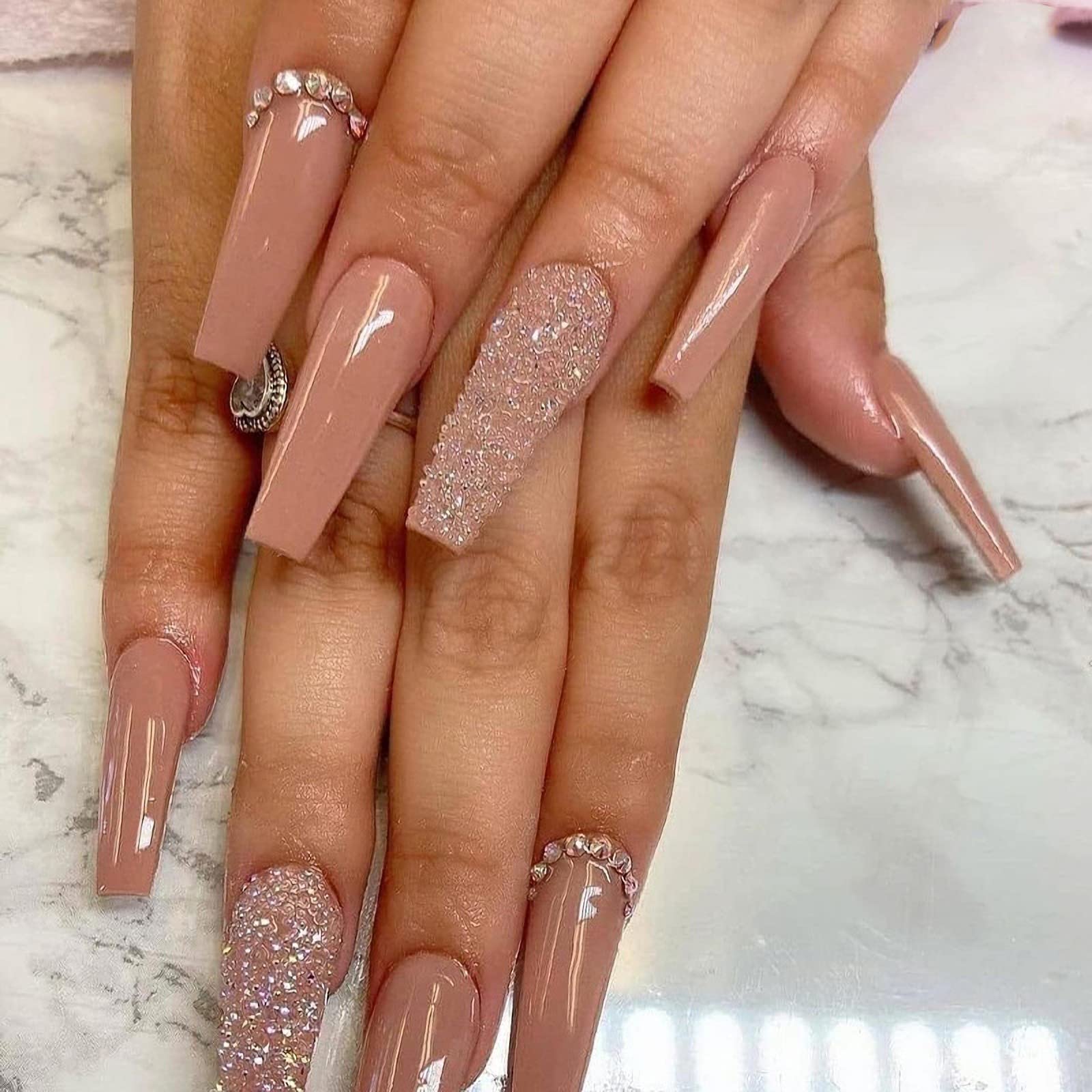 BABALAL Glossy Press on Nails Long Coffin Full Cover False Nails Shiny Stick on Nails Nude Fake Nails for Women and Girls