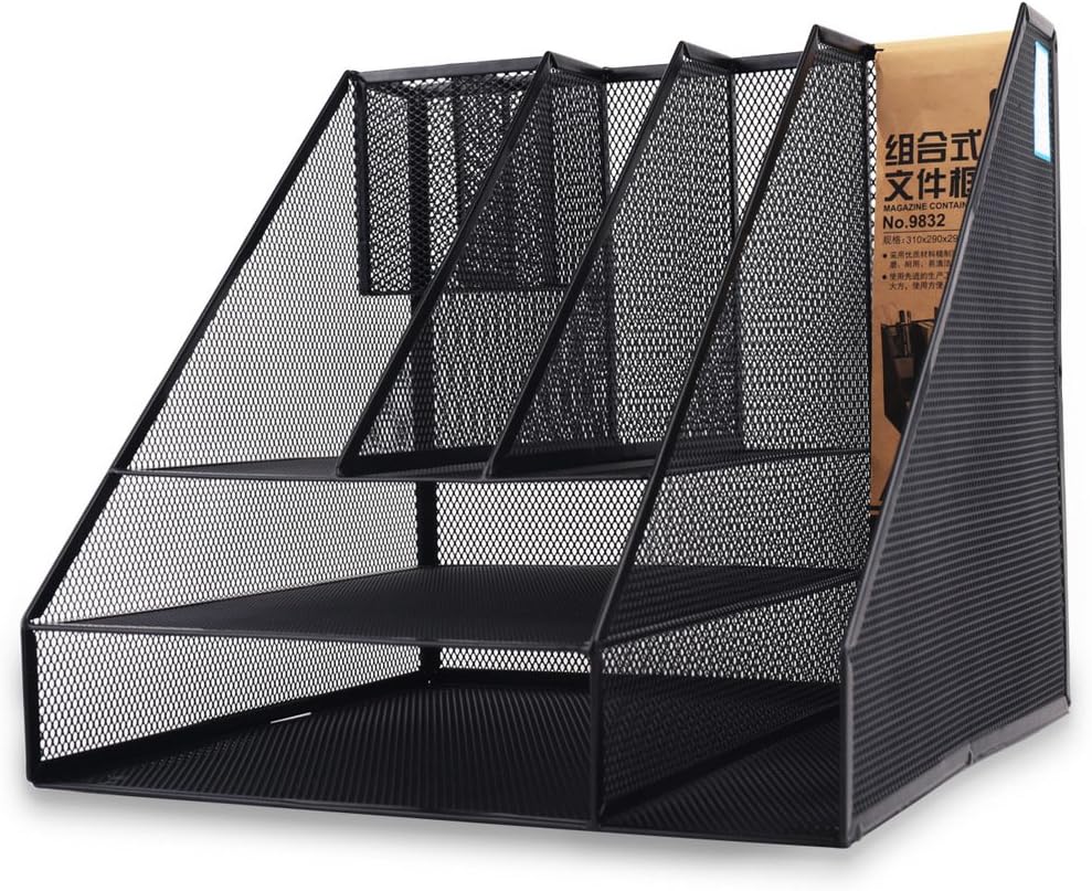 YUNCHENG Black Mesh Metal Office Desk Shelf,Mesh Desktop Organizer With 4 Vertical Sections 2 Baskets