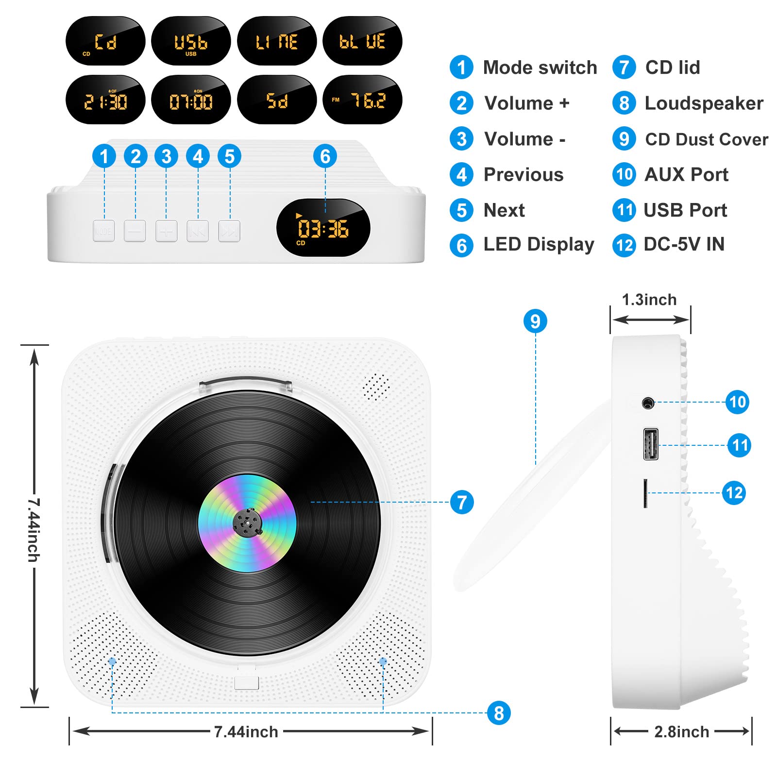 Portable Desktop CD Player for Home, with Timer, Remote Control, Inner Sperakers and Side LCD Screen Display Support FM Radio/USB/Bluetooth/CD Four Modes, Gift for Music Lovers