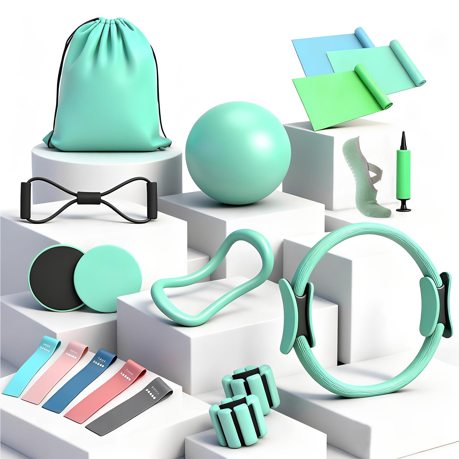 Photo 1 of 19PCS Pilates Kit, Mint Green Home Pilates Workout Kit for Women, Pilates Equipment with 14" Pilates Ring and Ball, Ankle Weights, Resistance Bands, Pilates Socks Accessories for Home Workout