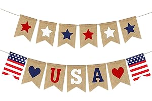 PARTYPROPS USA Banner Burlap 4th of July Decorations Rustic Patriotic Banner Red White Blue Stars Bunting Garland for President Day 4th of July Party Supplies 4th of July Patriotic Outdoor Indoor hanging Decor