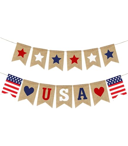 USA Wimpelkette - Patriotische Dekoration Für Den 4. Juli, 2,5 M Lang, Aus Jute Mit Flaggen-Motiven