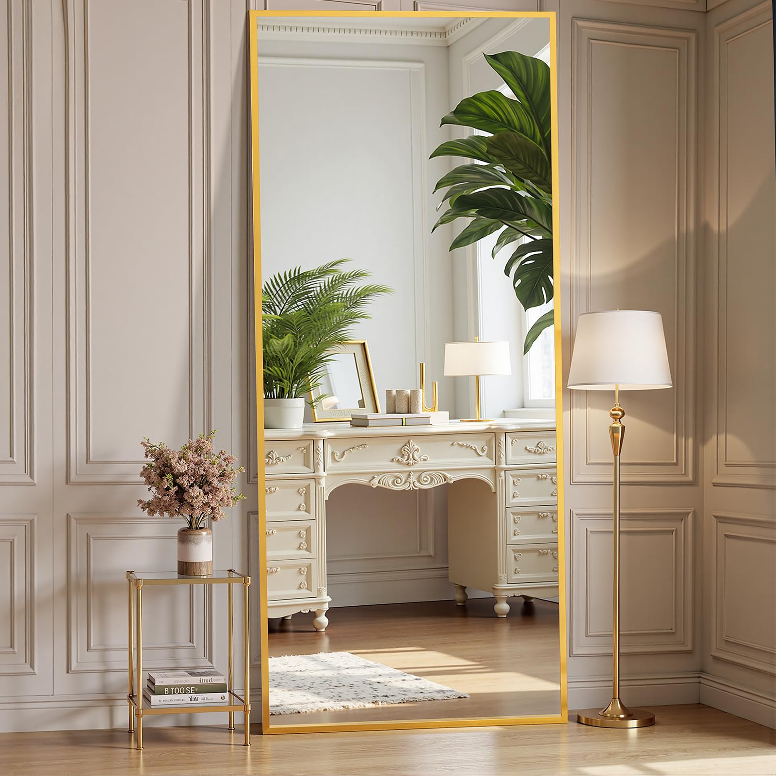 OLIXIS Full Length Mirror for Bedroom, 65"x24" Full Body Mirror with Stand, Hanging or Leaning for Wall, Aluminum Alloy Thin Frame Floor Standing for Living Room, Long, Gold Image