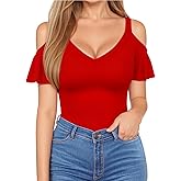HERLOLLYCHIPS Sexy Tops for Women Cold Shoulder Deep V Neck Short Sleeve Slim Fit Summer Casual Tees T-Shirts
