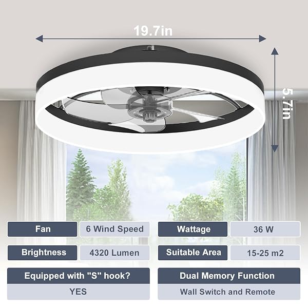 VOLISUN LOW PROFILE CEILING FANS WITH LIGHTS AND REMOTE, FANDELIER CEILING FAN FLUSH MOUNT, 3000K-6500K SMART BLADELESS LED FAN LIGHT, BLACK MODERN CEILING FANS WITH LIGHTS FOR BEDROOM