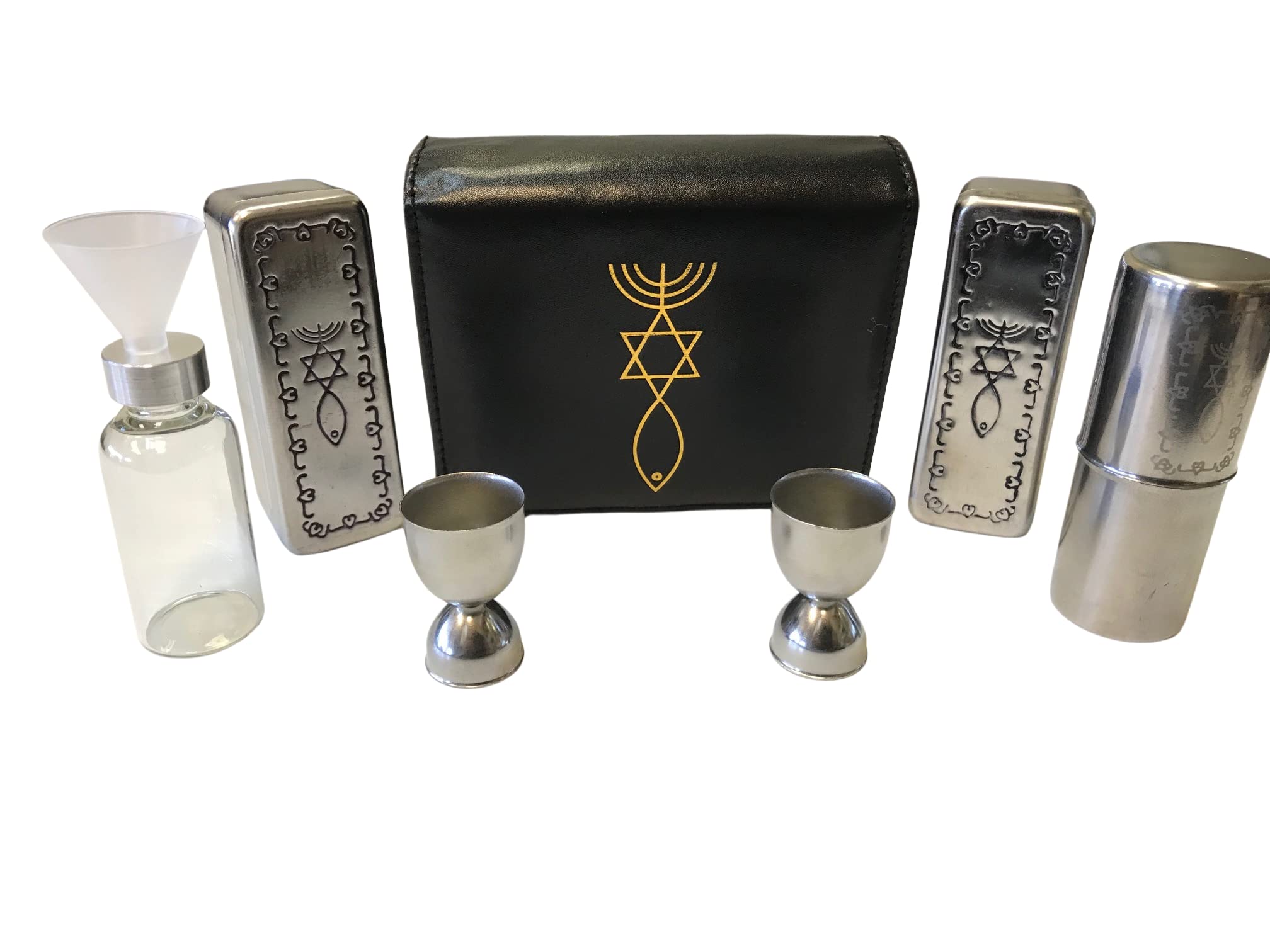Photo 1 of 3 ARCHES USA Messianic Portable Communion Set - Travel Essentials for 2 with Leather Bag, Communion Cups and Wafer Set & Juice Vial - Hebraic Roots Kit for Spiritual Journeys