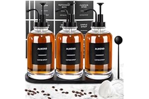 GYOSUGANG Coffee Syrup Dispenser for Coffee Bar, 3PCS Coffee Bar Accessory Syrup Dispenser w. Labels,16.9 oz 500ml Simple Glass Syrup Bottle w. Tray & Coffee Scoop