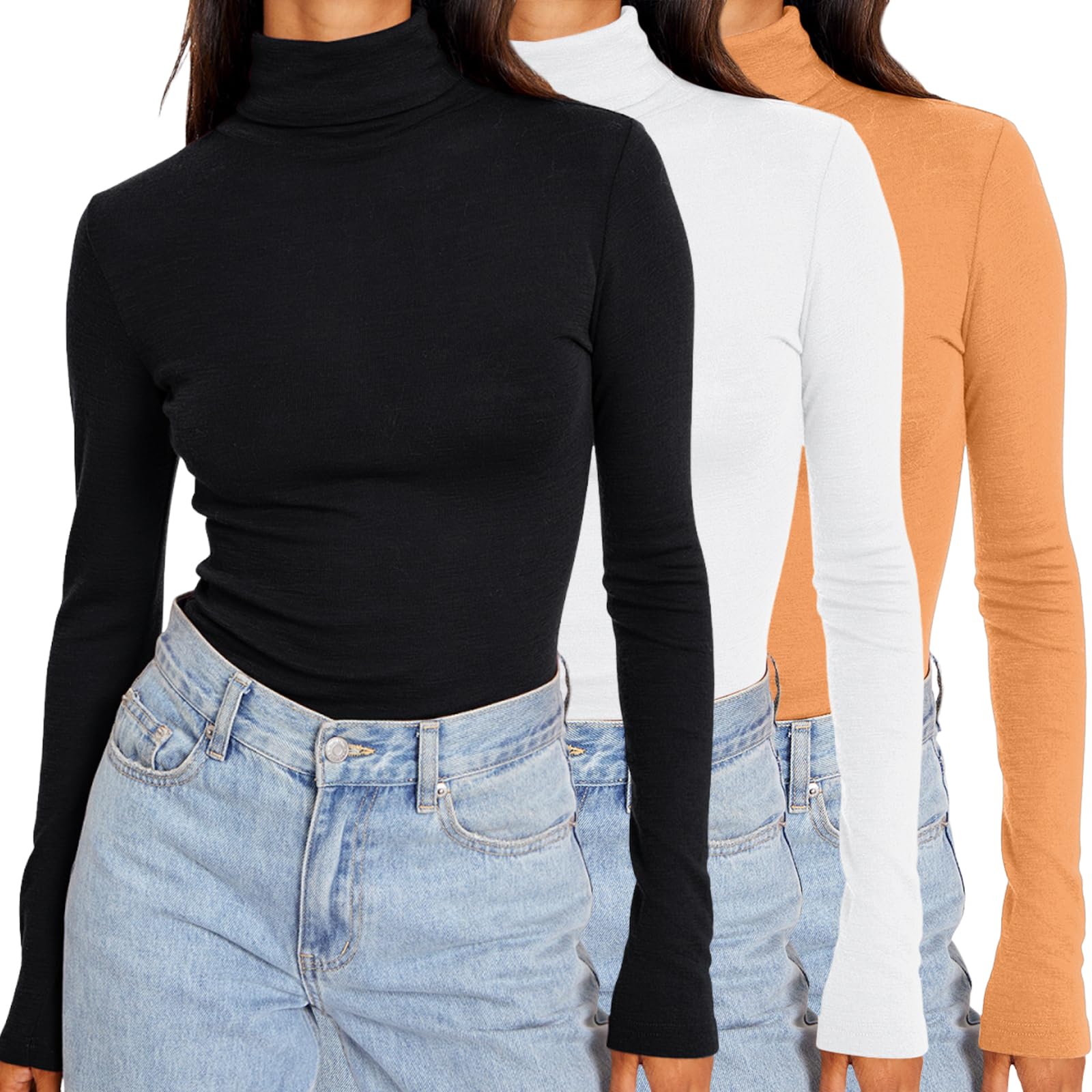 SUNBS Womens 3 Piece Turtleneck Mock Neck Tops Winter Thermal Long Sleeve Fall Slim Fit Underwear Shirts BlackWhiteOrange L Image