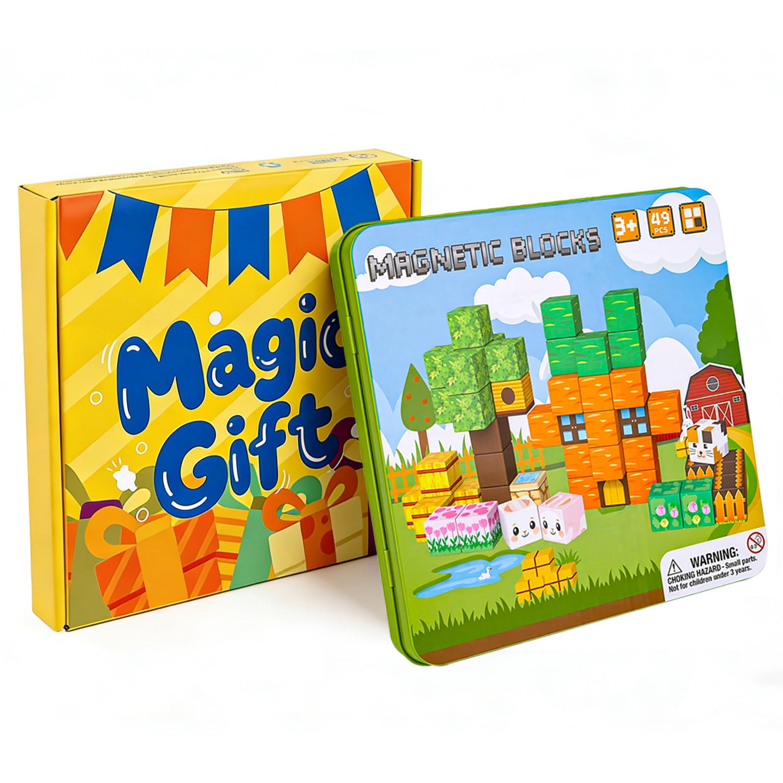 MEESHEEP Magnetic Blocks Travel Set, Carrot-Themed with Tin - Travel-Friendly Airplane & Car Toys for Boys & Girls Ages 3+, Educational Building Set 49PCS, Suprise Gifts for Kids — image 1