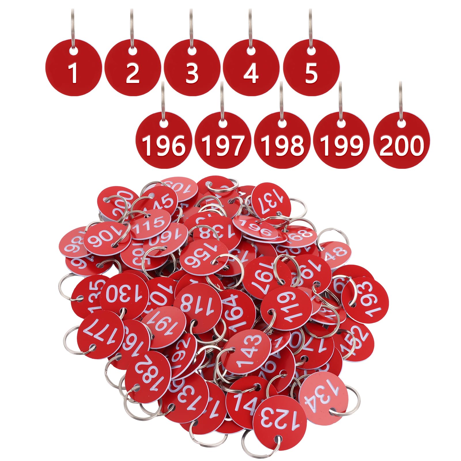 LDXDRU 1-200 Plastic ID Number Tags, Labels, Key Waterproof Tags with Rings, Small, Red, Round, 200 Count