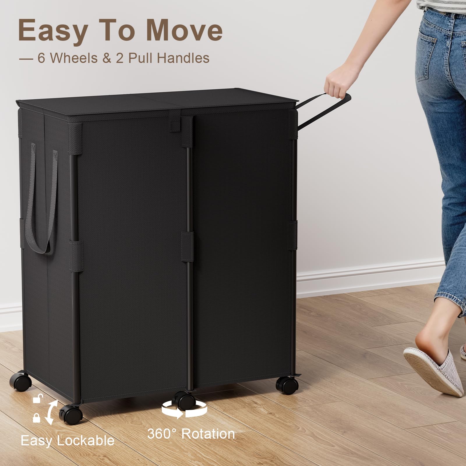 Condition photo showing New/Like New for gasvadivum 140l double laundry hamper with lid and 6 wheels, rolling laundry basket with 2 removable